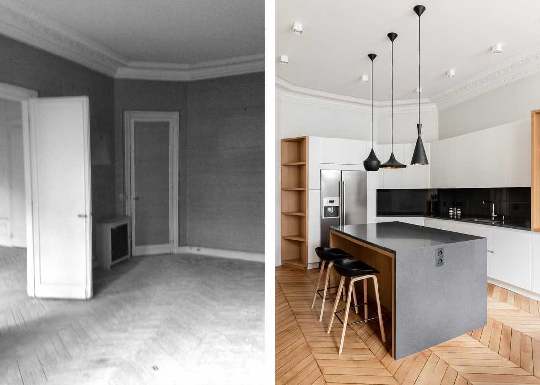 Cuisine américaine en photo avant - après suite à la rénovation réalisée par un architecte d'intérieur à Paris