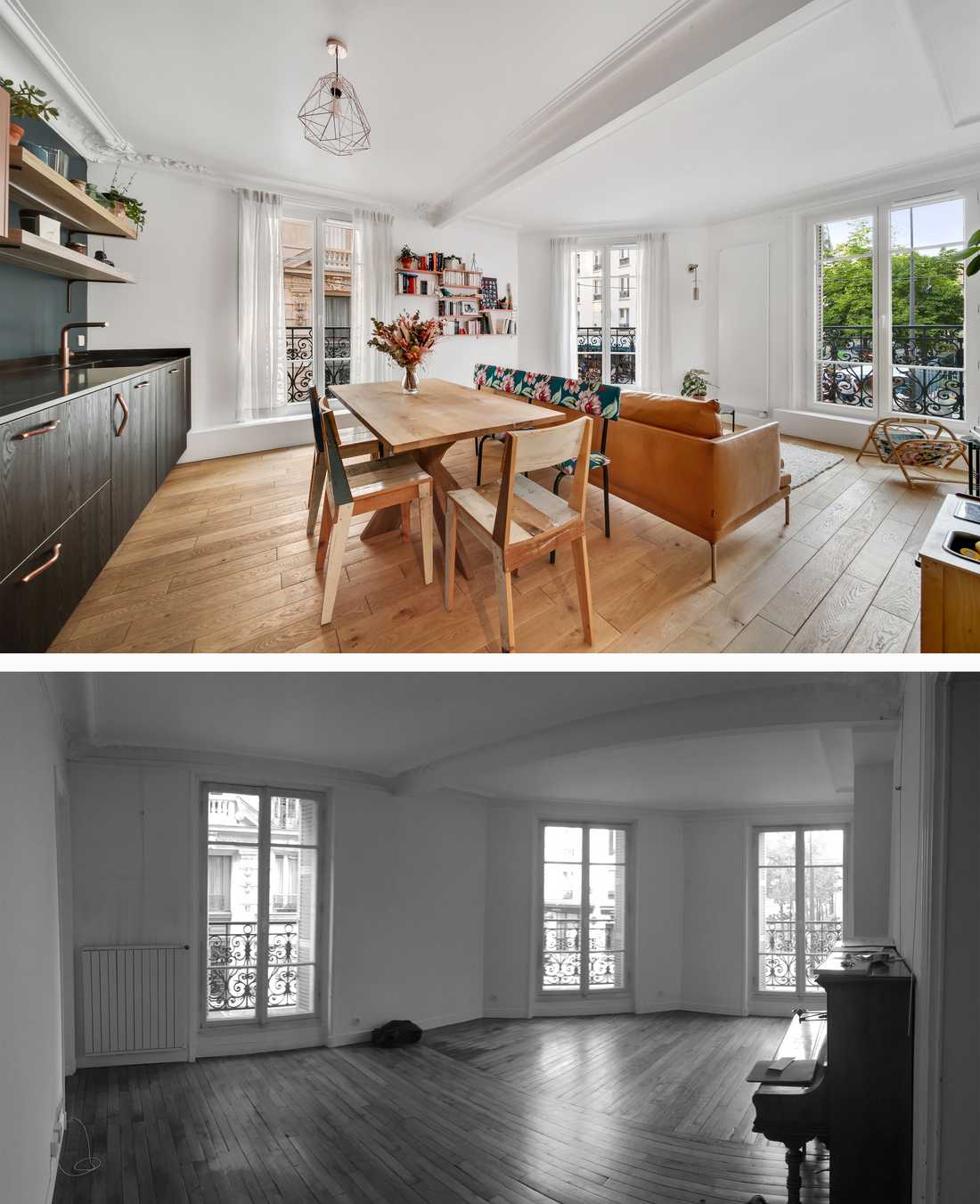 Before and after photo of the energy renovation of an apartment in Tours